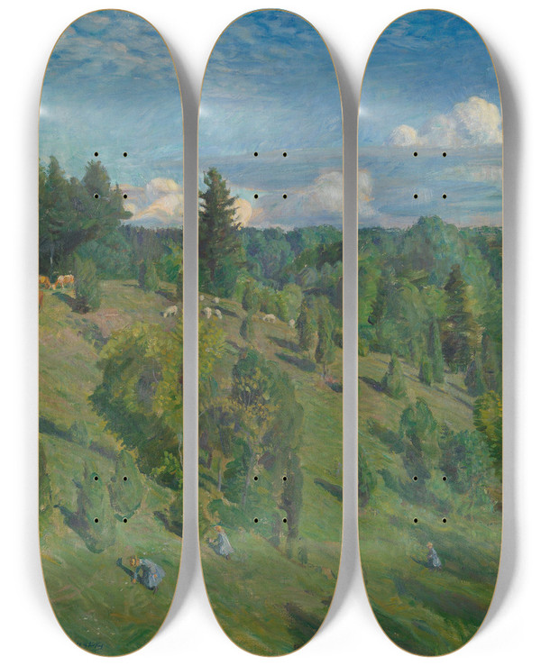 Triptych art skateboard deck of August Eiebakke Landscape In Sun by August Eiebakke (1867-1938)