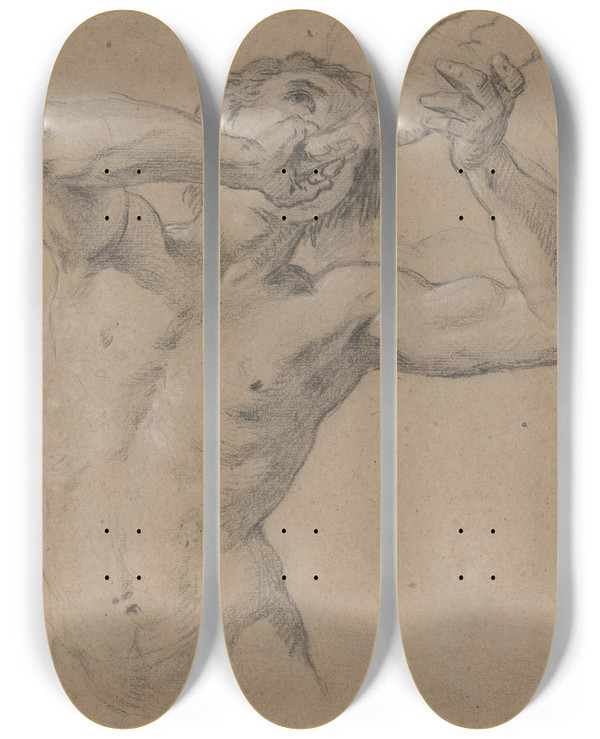 Triptych art skateboard deck of Jeanbaptiste Nattier A Triton Blowing A Conch Shell by Jean-Baptiste Nattier (1678-1726)