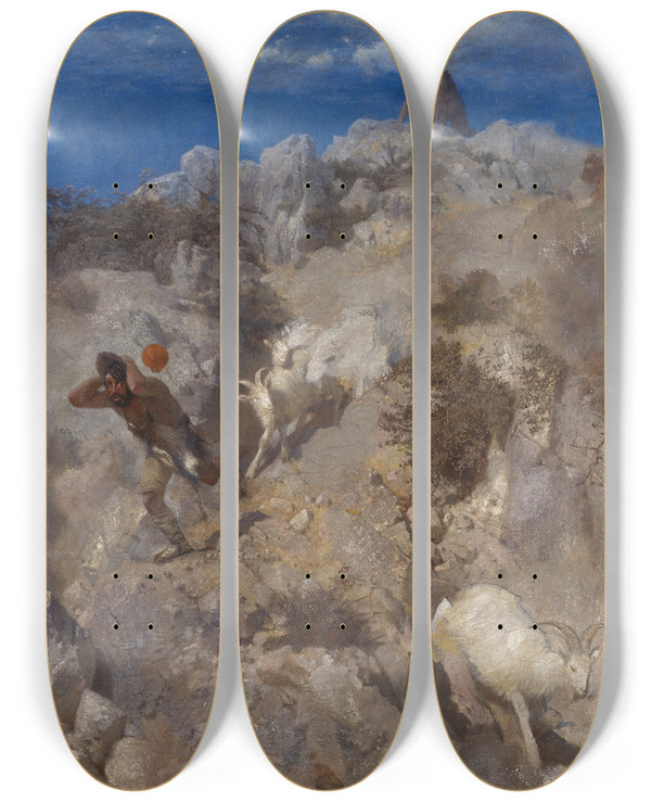Triptych art skateboard deck of Arnold Bcklin Pan Frightening A Shepherd Terrified Panic by Arnold Bocklin (1827-1901)