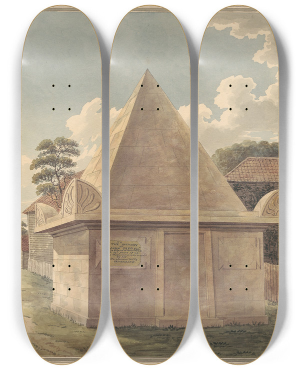 Triptych art skateboard deck of Daniel Lysons Tomb Of John Greg From Hampton Churchyard by Daniel Lysons (1762-1834)