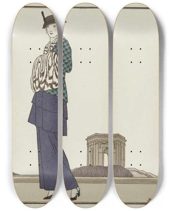 Triptych art skateboard deck of Bernard Boutet De Monvel Le Jardin De Peyrou Costume Tailleur De Chruit by Bernard Boutet De Monvel (1881-1949)