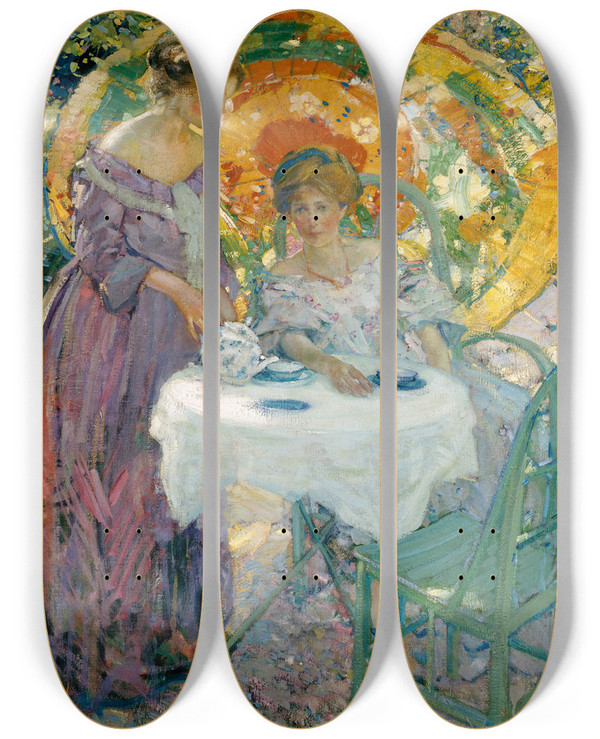 Triptych art skateboard deck of Richard E Miller Afternoon Tea by Richard E Miller (1875-1943)