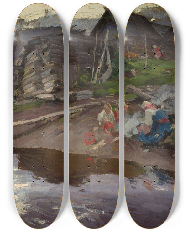 Triptych art skateboard deck of Abram Efimovich Arkhipov In The Evening_1 by Abram Efimovich Arkhipov (1862-1930)
