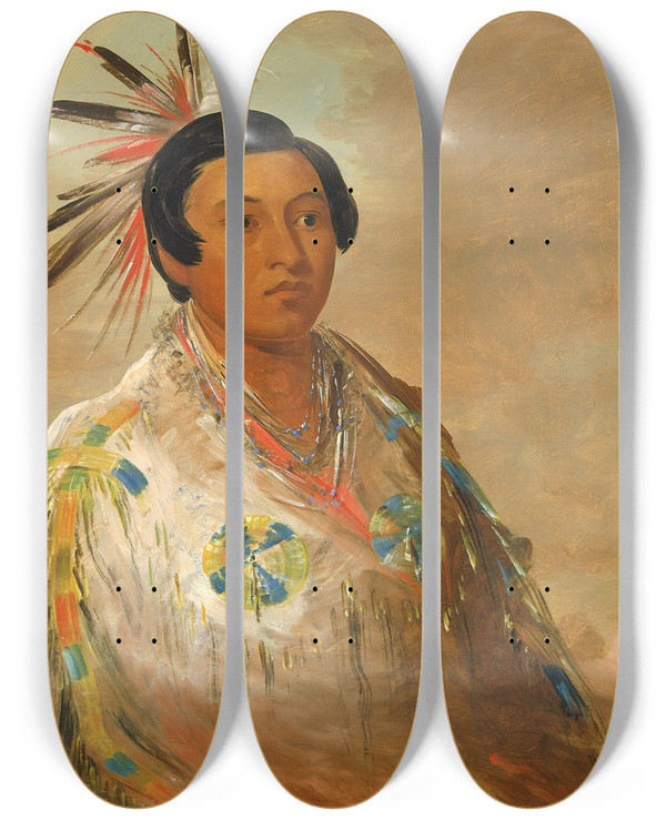 Triptych art skateboard deck of George Catlin Heedohgeats A Young Man by George Catlin (1796-1872)