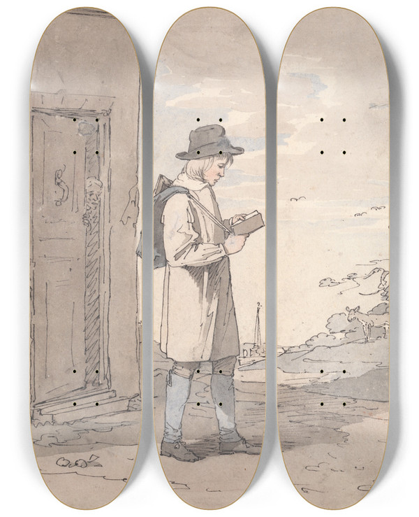 Triptych art skateboard deck of John Augustus Atkinson Going To School by John Augustus Atkinson (1775-1830)