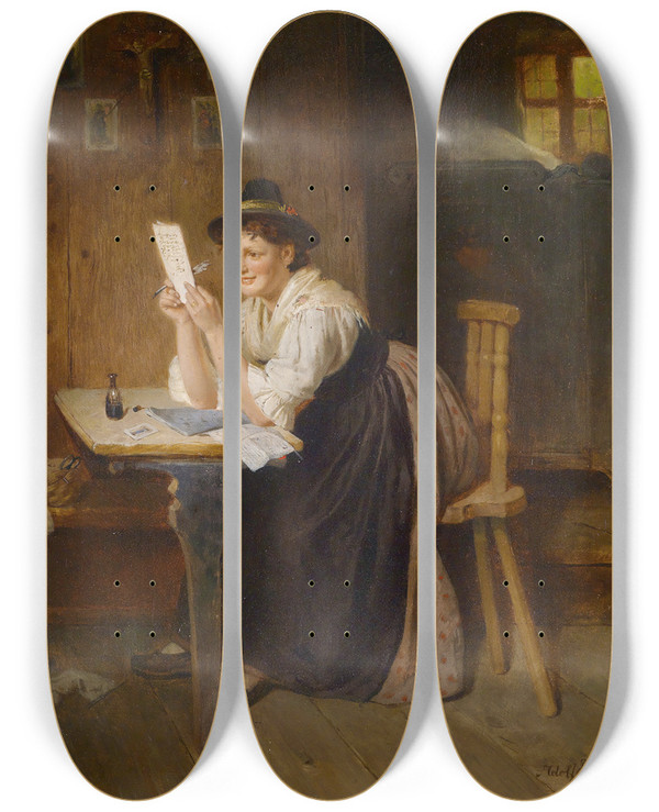 Triptych art skateboard deck of Adolf Eberle Der Gelunge Brief by Adolf Eberle (1843-1914)