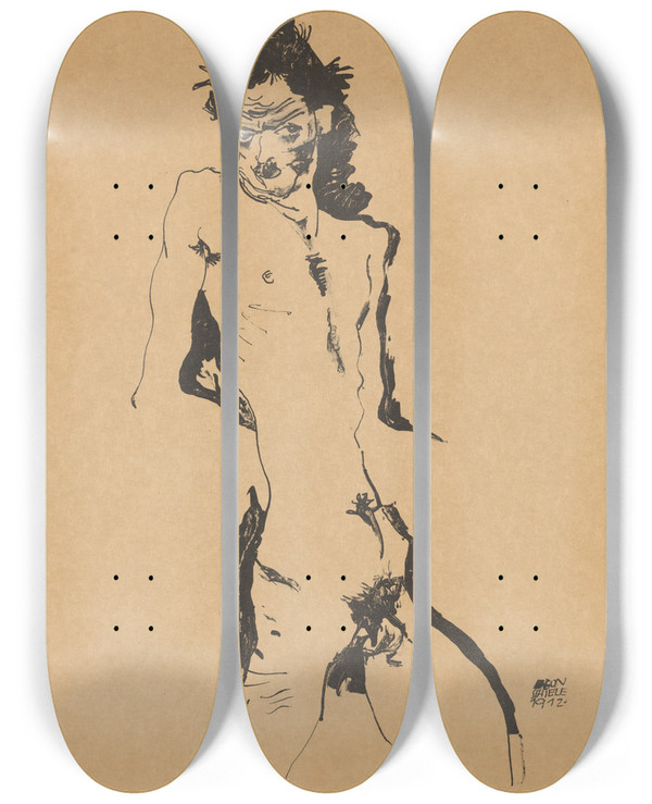Triptych art skateboard deck of Egon Schiele Selbstportrt_2 by Egon Schiele (1890-1918)