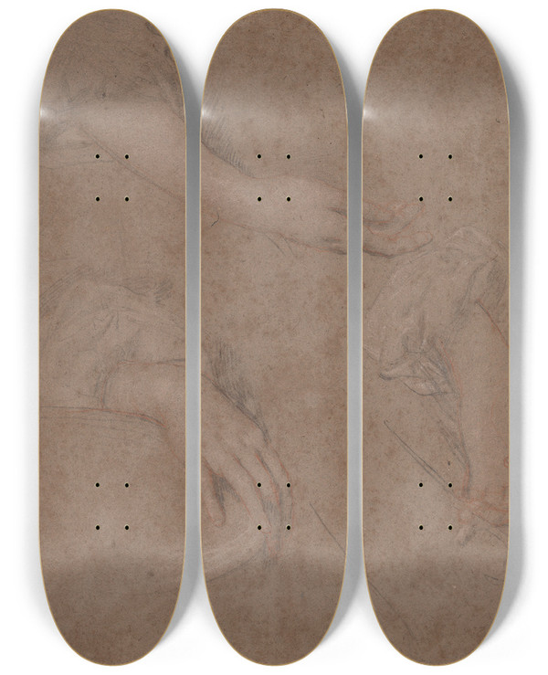 Triptych art skateboard deck of Sir Peter Lely Drawings Of Hands_2 by Sir Peter Lely (1618-1680)