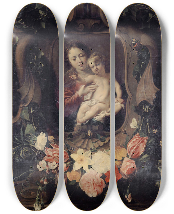 Triptych art skateboard deck of Daniel Seghers Vierge Lenfant Dans Une Couronne De Fleurs by Daniel Seghers (1590-1661)