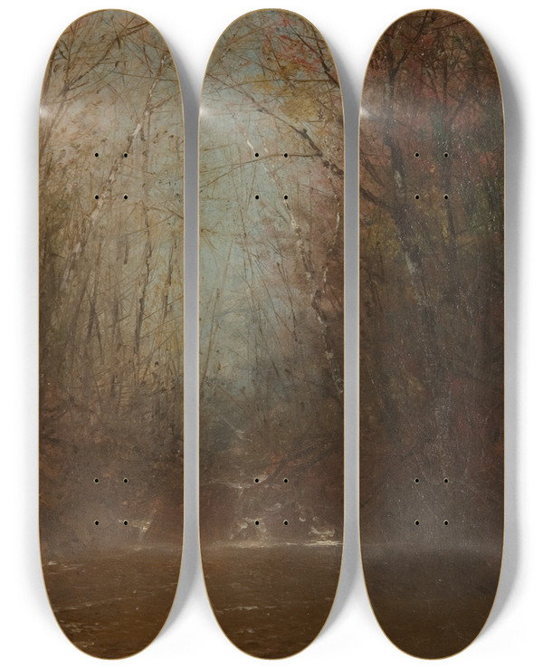 Triptych art skateboard deck of John Frederick Kensett Forest Interior With Stream by John Frederick Kensett (1816-1872)