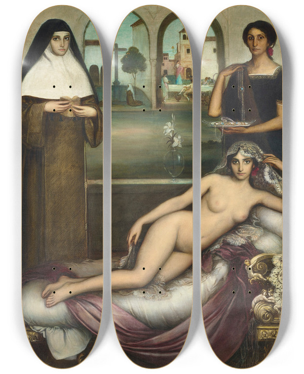 Triptych art skateboard deck of Julio Romero De Torres Las Dos Sendas by Julio Romero De Torres (1874-1930)