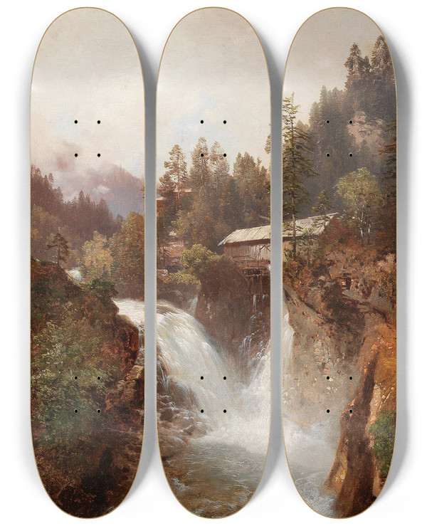 Triptych art skateboard deck of Carl Hasch Waterfall by Carl Hasch (1834-1897)