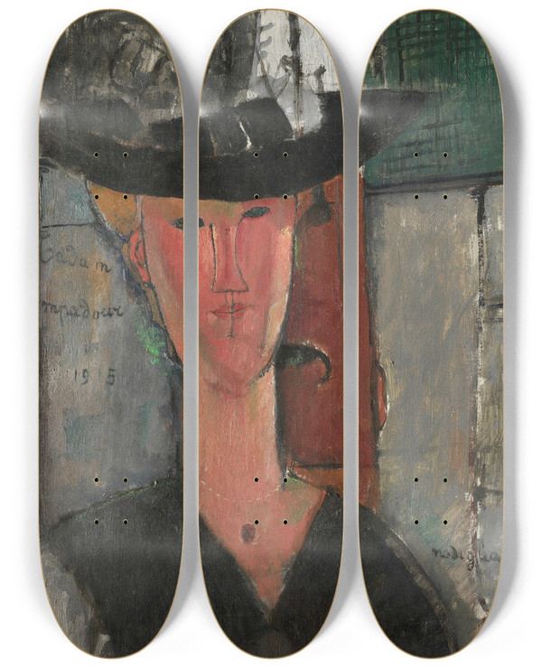 Triptych art skateboard deck of Amedeo Modigliani Madam Pompadour by Amedeo Modigliani (1884-1920)