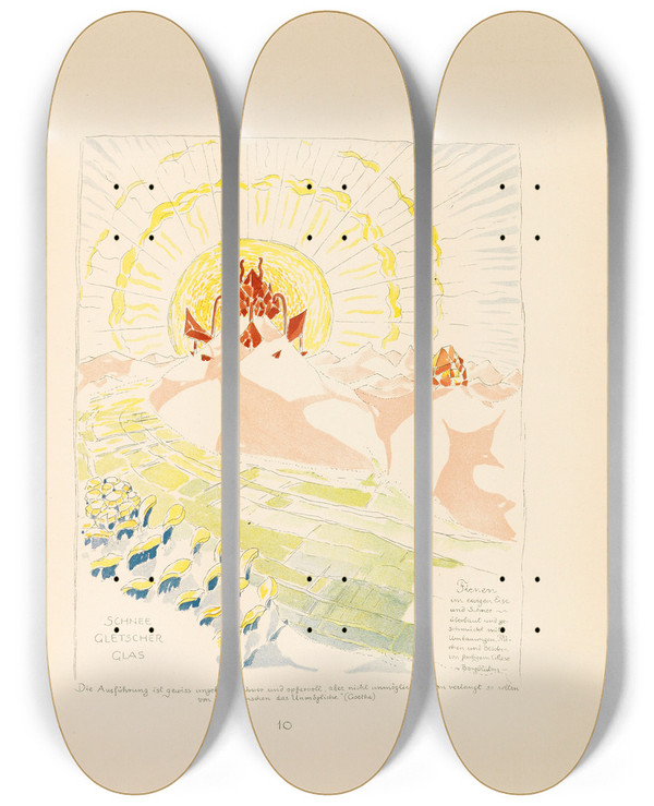 Triptych art skateboard deck of Bruno Taut Alpine Architektur Pl 2 by Bruno Taut (1880-1938)