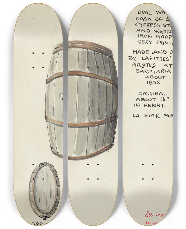Triptych art skateboard deck of American 20Th Century Oval Water Cask by American 20Th Century