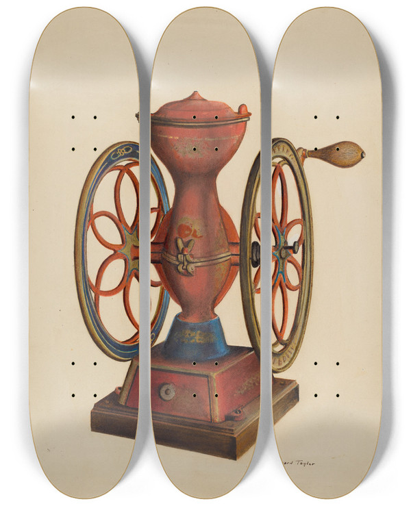 Triptych art skateboard deck of Richard Taylor Coffee Grinder by Richard Taylor