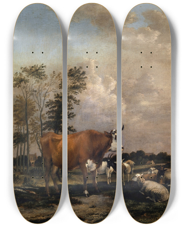 Triptych art skateboard deck of Albert Jansz Klomp Pasturage With Brown Bull by Albert Jansz Klomp (1625-1688)