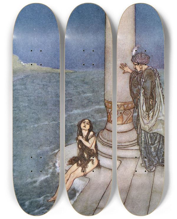 Triptych art skateboard deck of Edmund Dulac The Mermaid Pl 4 by Edmund Dulac (1882-1953)