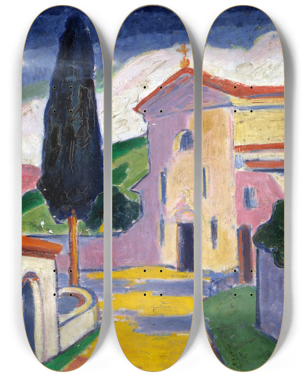 Triptych art skateboard deck of Carl Newman Church With Cedar Tree On Left by Carl Newman (1858-1932)