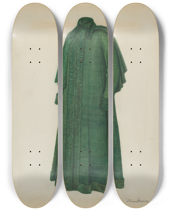 Triptych art skateboard deck of Mina Greene Womans Coat_2 by Mina Greene