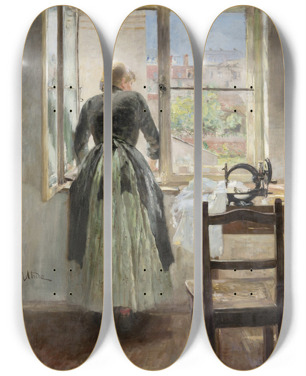 Triptych art skateboard deck of Fritz Von Uhde By The Window by Fritz Von Uhde (1848-1911)