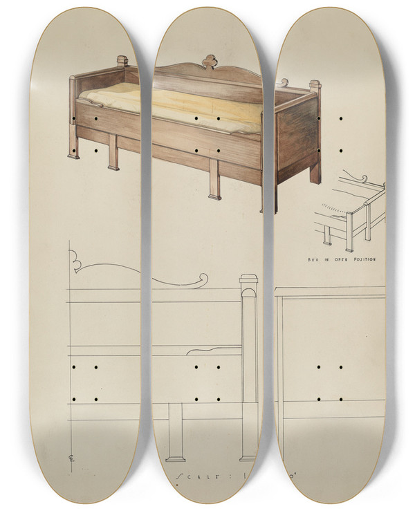 Triptych art skateboard deck of Kurt Melzer Settee And Folding Bed by Kurt Melzer