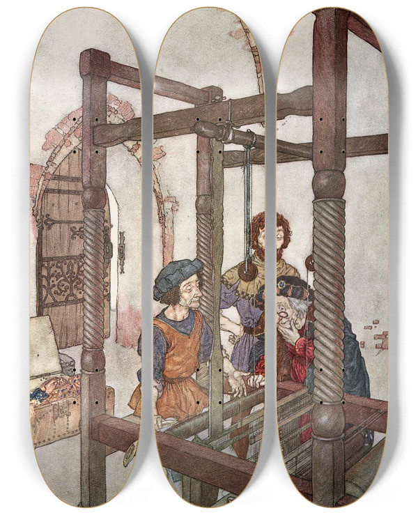 Triptych art skateboard deck of Edmund Dulac The Emperors New Clothes Pl 1 by Edmund Dulac (1882-1953)