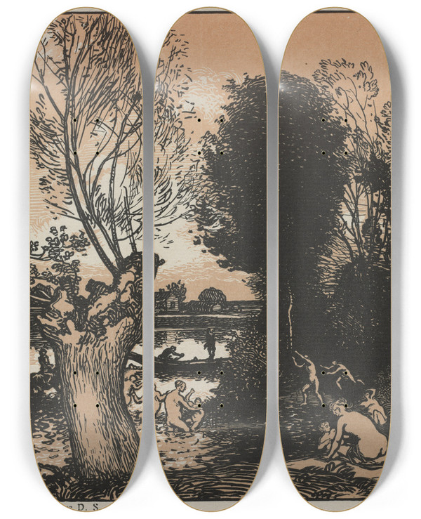 Triptych art skateboard deck of Auguste Louis Lepre Summer Evening by Auguste Louis Lepere (1849-1918)
