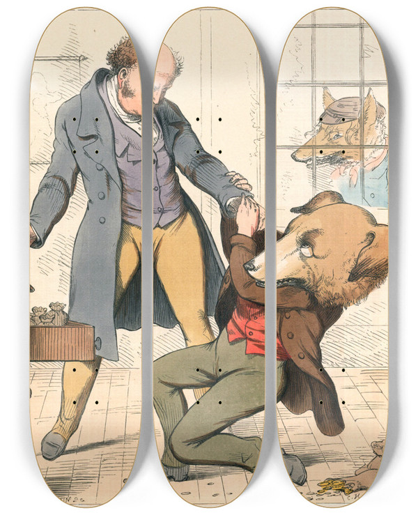 Triptych art skateboard deck of Charles Henry Bennett The Treacherous Cur by Charles H Bennett (1828-1867)