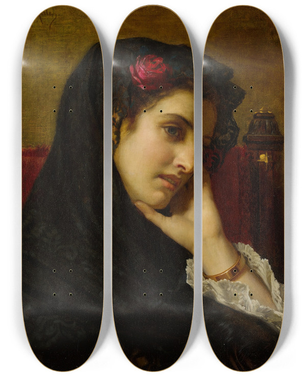Triptych art skateboard deck of Hugues Merle A Spanish Beauty by Hugues Merle (1823-1881)