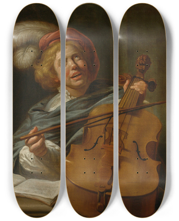 Triptych art skateboard deck of Judith Leyster Cello Player by Judith Leyster (1609-1660)