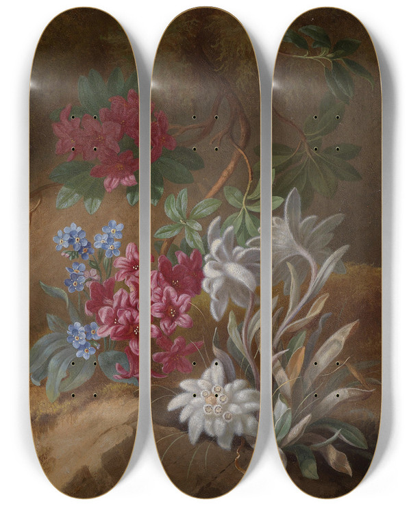 Triptych art skateboard deck of Adele Schuster Alpenblumen by Adele Schuster (19-)