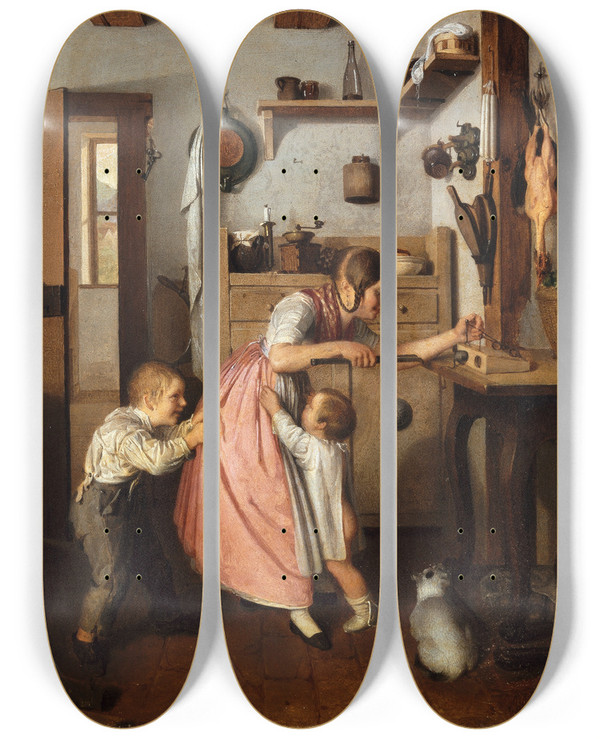 Triptych art skateboard deck of Ernst Christian Moser Die Mausefalle by Ernst Christian Moser (1815-1867)