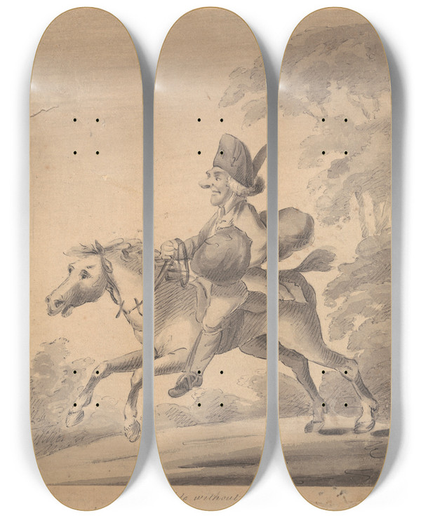 Triptych art skateboard deck of Henry William Bunbury How To Ride Without A Bridle_1 by Henry William Bunbury (1750-1811)