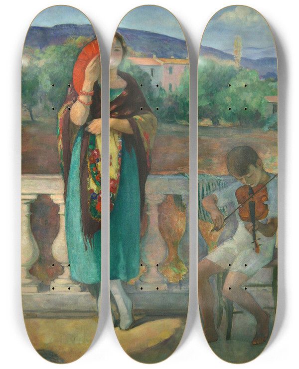 Triptych art skateboard deck of Henri Lebasque On The Balcony by Henri Lebasque (1865-1937)