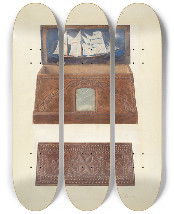 Triptych art skateboard deck of Adele Brooks Bishop Hill Salt Box by Adele Brooks