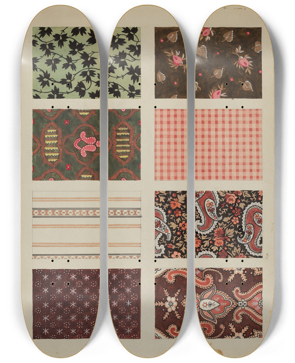 Triptych art skateboard deck of Dorothy Posten Figured Material From Quilt_1 by Dorothy Posten