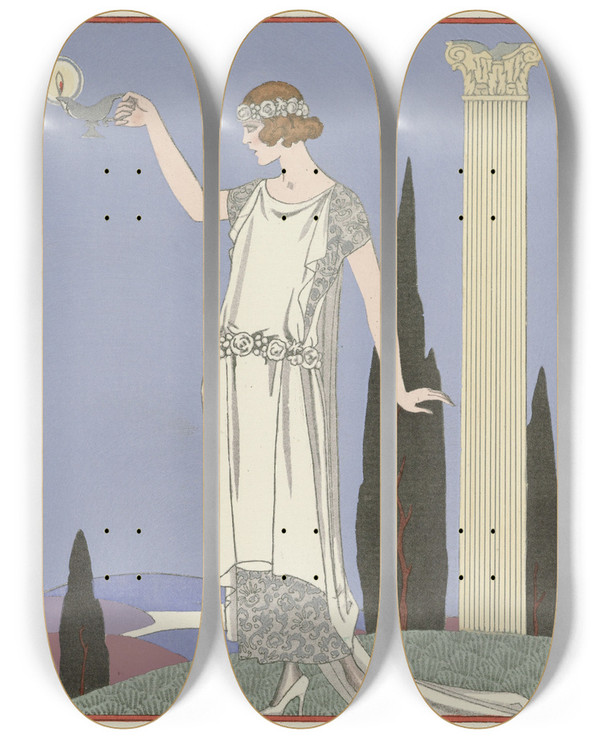 Triptych art skateboard deck of George Barbier Psych Robe Du Soir De Worth by George Barbier (1882-1932)