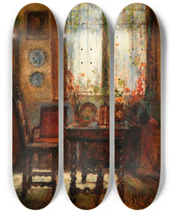 Triptych art skateboard deck of Harriet Osborne Ohagen An Interior by Harriet Osborne Ohagen