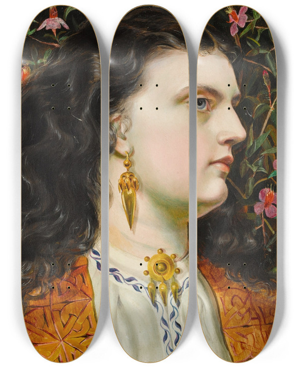 Triptych art skateboard deck of Emma Sandys The Gold Earring by Emma Sandys (1843-1877)