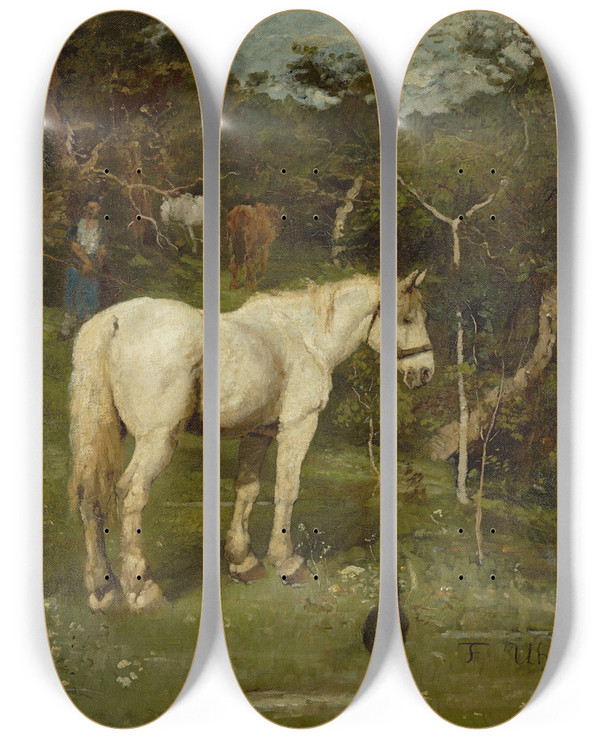 Triptych art skateboard deck of Fritz Von Uhde A White Horse by Fritz Von Uhde (1848-1911)
