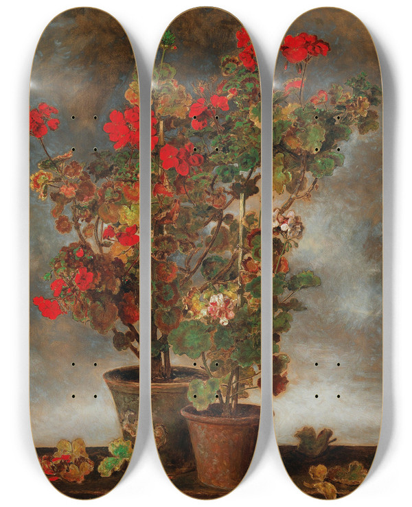 Triptych art skateboard deck of Johann Baptist Reiter Geraniums by Johann Baptist Reiter (1813-1890)