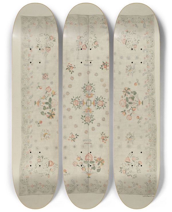 Triptych art skateboard deck of Arlene Perkins Bedspread by Arlene Perkins