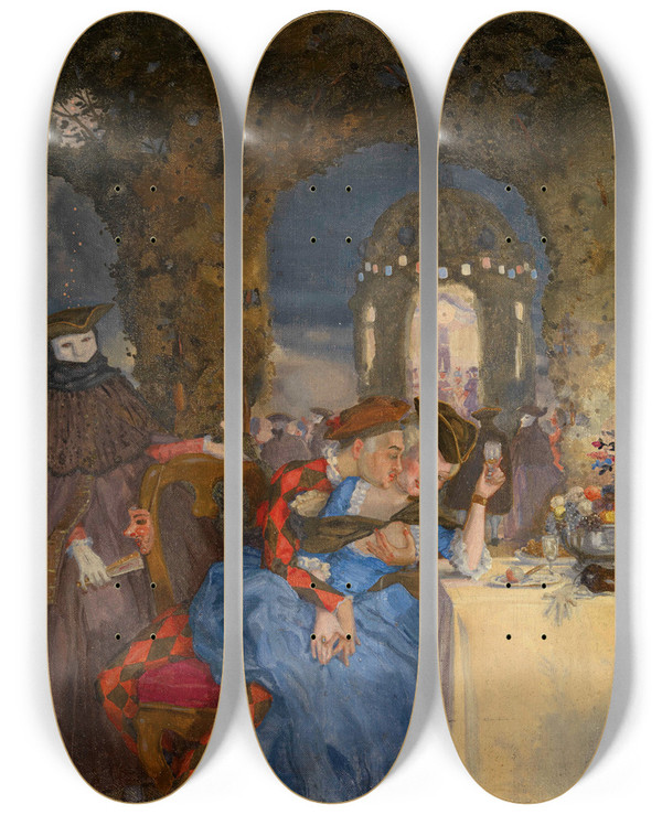 Triptych art skateboard deck of Konstantin Andreevich Somov Rendezvous by Konstantin Andreevich Somov (1869-1939)