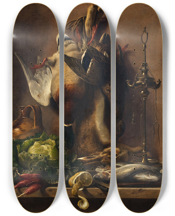 Triptych art skateboard deck of Johan Laurentz Jensen Still Life On A Kitchen Tabletop by Johan Laurentz Jensen 2 (1800-1856)