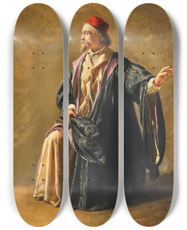 Triptych art skateboard deck of Ludwig Streitenfeld A Comedian by Ludwig Streitenfeld (1849-1930)