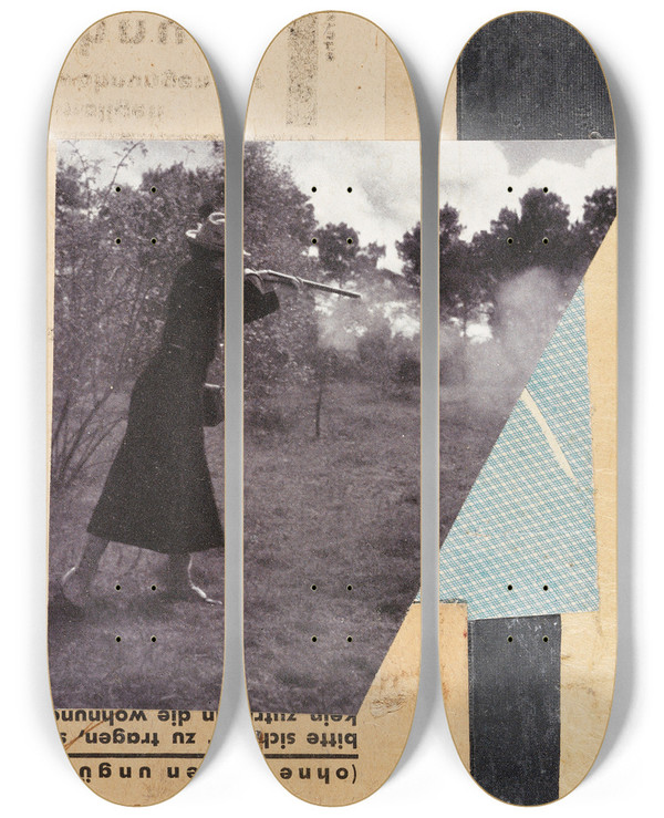 Triptych art skateboard deck of Kurt Schwitters Mit Jgerin Merzzeichnung by Kurt Schwitters (1887-1948)