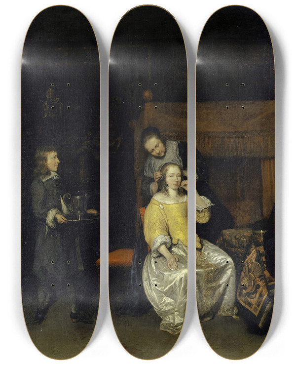 Triptych art skateboard deck of Caspar Netscher Lady At Her Toilet by Caspar Netscher (1639-1684)