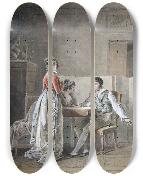 Triptych art skateboard deck of Jeanbaptiste Mallet Conversation Dans Un Intrieur by Jean-Baptiste Mallet (1759-1835)