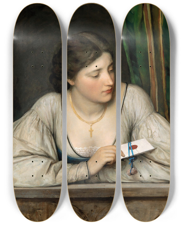 Triptych art skateboard deck of Eugen Von Blaas The Love Letter_3 by Eugen Von Blaas (1843-1931)